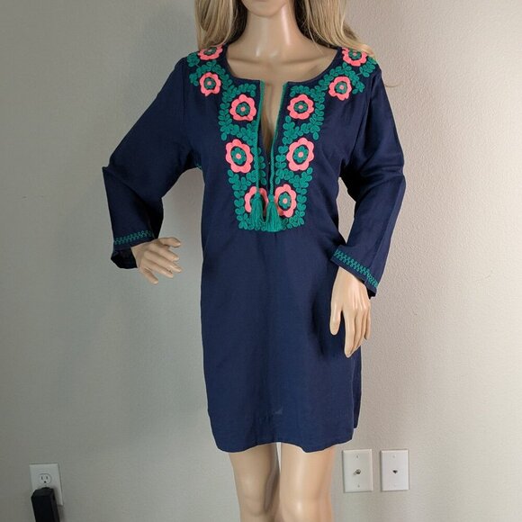 J. Crew Dress Large Blue Embroidered Beach Tunic Cover-up Tassels Linen-Blend - Picture 3 of 16